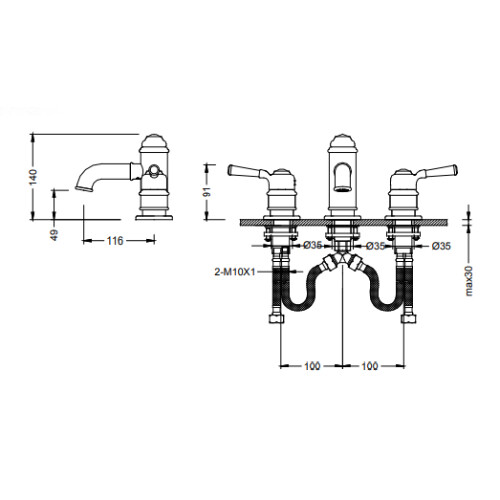 Bocchi Burlington Üç Delikli Lavabo Bataryası Krom - 2