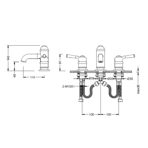 Bocchi Burlington Üç Delikli Lavabo Bataryası Saten Nikel - 2