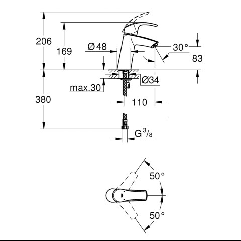 GROHE Eurosmart Tek Kumandalı Lavabo Bataryası M-Boyut - 2